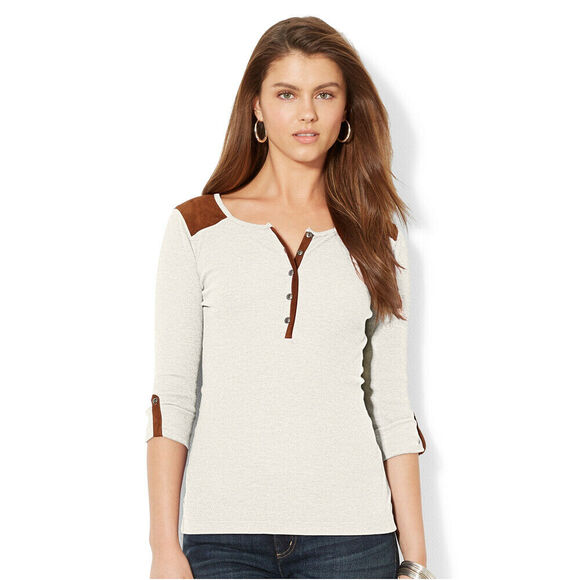 Lauren Ralph Lauren Faux Suede Trim Tab Sleeve Henley Top size Medium NWT Flawed - Picture 1 of 10